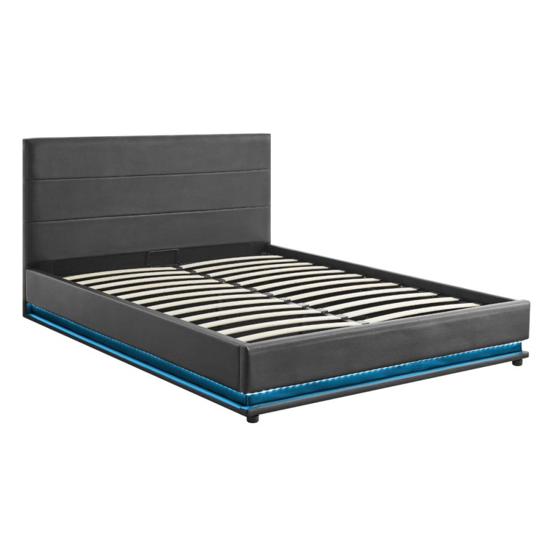 LED PU Leather Gas Lift Storage Bed Frame Black