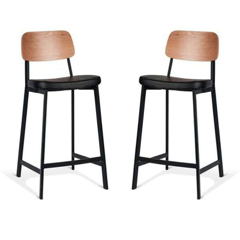 Set of 2 - Espriit Enfys Industrial Bar Stool 65cm - Black Frame - Natural Oak Back - Black Cushion Seat