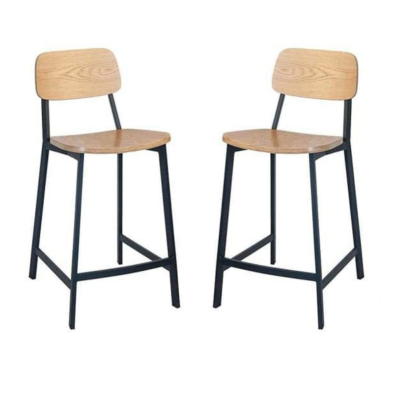 Set of 2 - Espriit Enfys Industrial Bar Stool 65cm - Black Frame - Natural Oak Back - Natural Veneer Seat