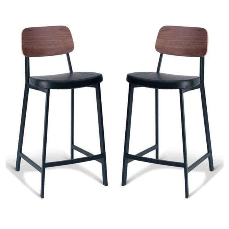 Set of 2 - Espriit Enfys Industrial Bar Stool 65cm - Black Frame - Walnut Back - Black Cushion Seat