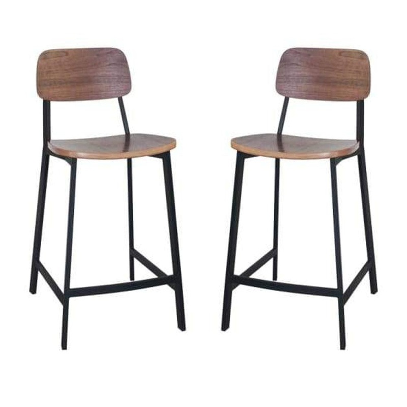 Set of 2 - Espriit Enfys Industrial Bar Stool 65cm - Black Frame - Walnut Back - Walnut Veneer Seat