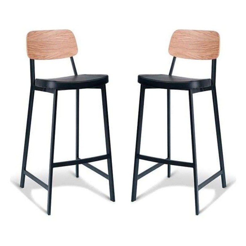 Set of 2 - Espriit Enfys Industrial Bar Stool 75cm - Black Frame - Natural Oak Back - Black Cushion Seat