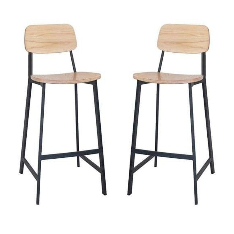 Set of 2 - Espriit Enfys Industrial Bar Stool 75cm - Black Frame - Natural Oak Back - Natural Veneer Seat