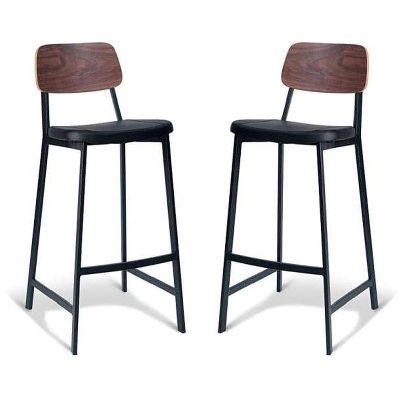 Set of 2 - Espriit Enfys Industrial Bar Stool 75cm - Black Frame - Walnut Back - Black cushion Seat