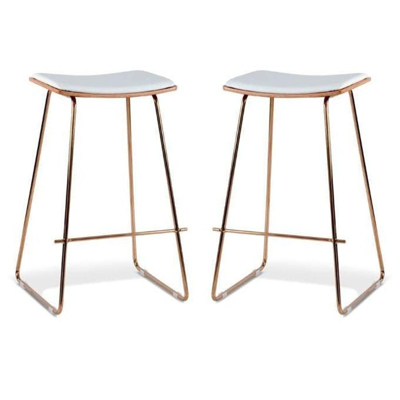 Set of 2 - Porter Nordberg Kitchen Counter Bar Stool 73cm - Rose Gold Frame - Natural Veneer White Cushion Seat