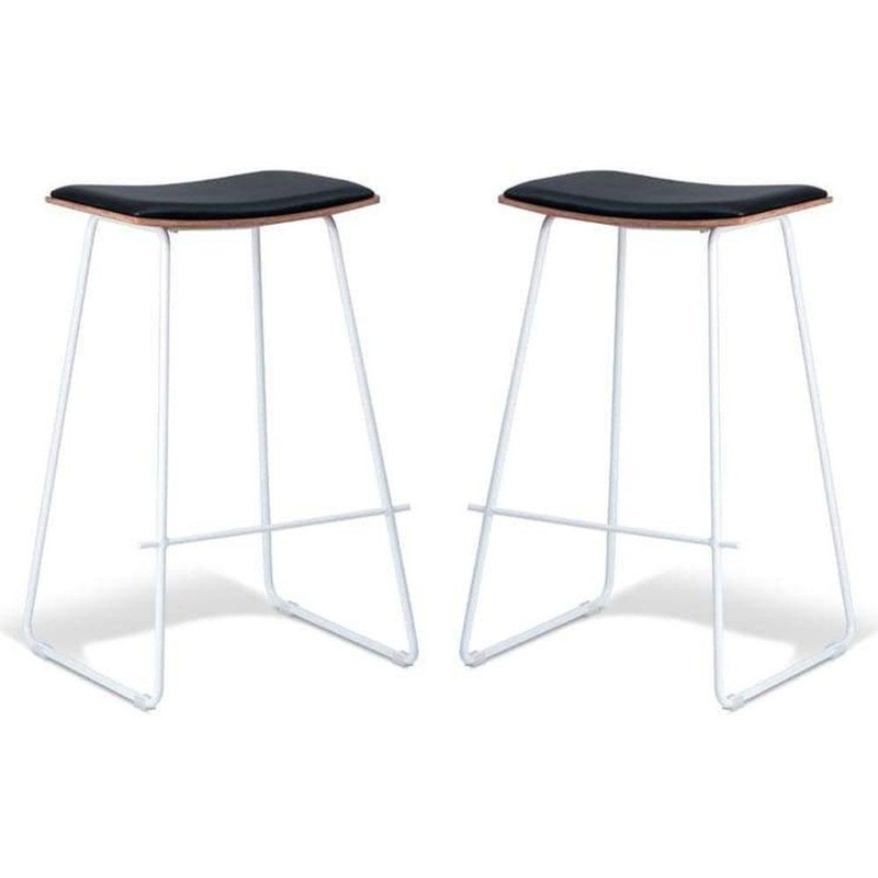 Set of 2 - Porter Nordberg Kitchen Counter Bar Stool 73m - White Frame - Natural Veneer - Black Cushion Seat