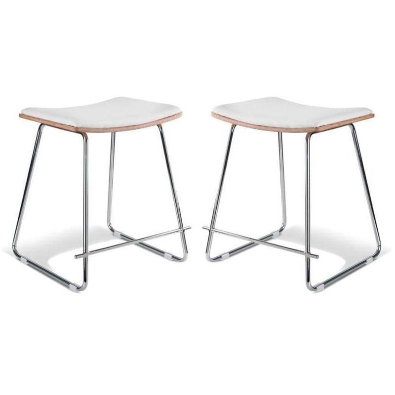 Set of 2 - Porter Nordberg Kitchen Low Stool 48cm - Chrome Frame - Natural Veneer - White Cushion Seat