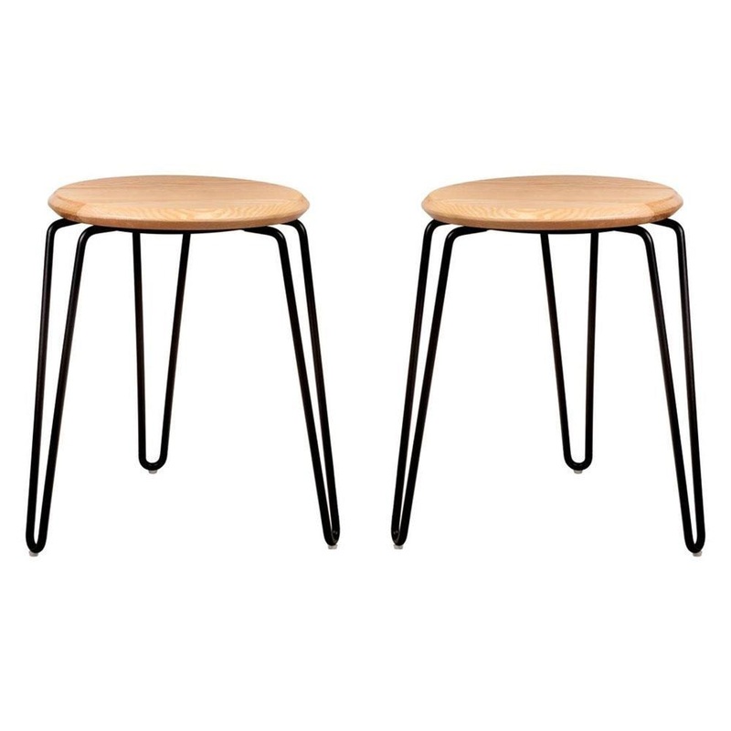 Set of 2 - Storo Bar Stool 45cm - Black Frame - Natural Timber Seat