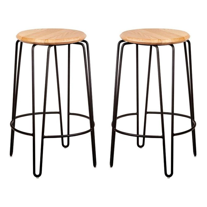 Set of 2 - Storo Bar Stool 65cm - Black Frame - Natural Timber Seat