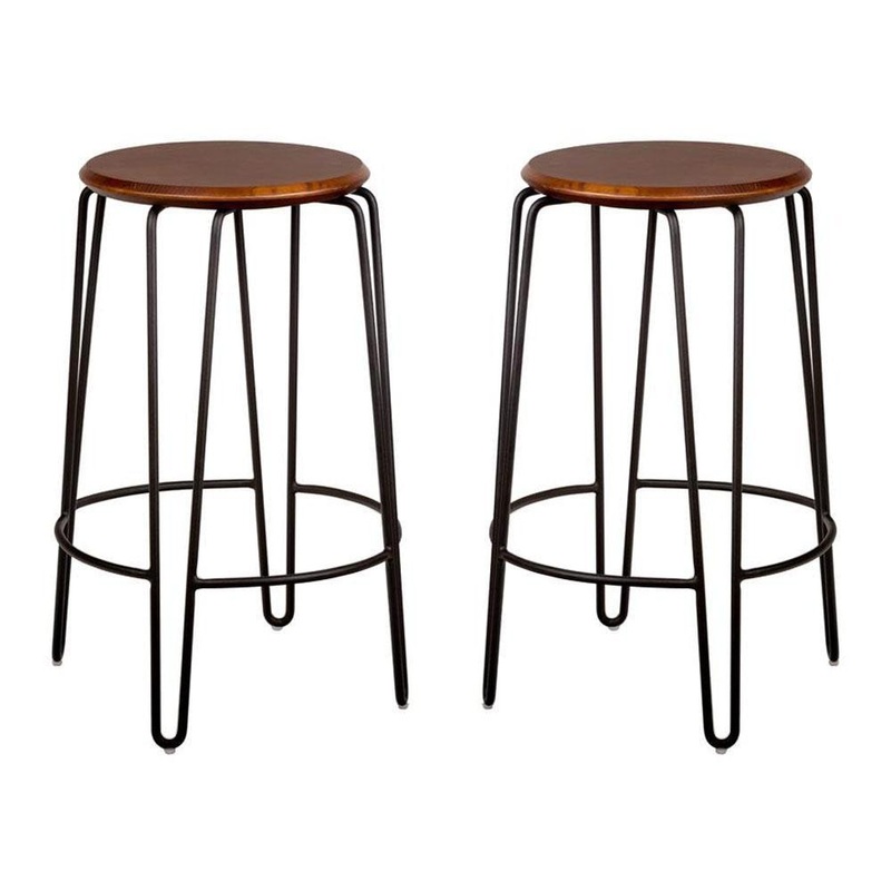 Set of 2 - Storo Bar Stool 65cm - Black Frame - Walnut Timber Seat