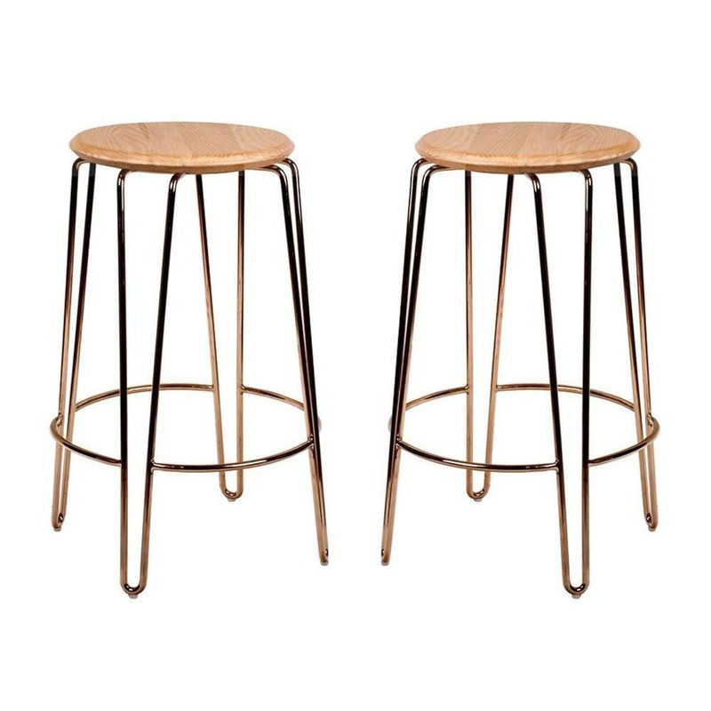 Set of 2 - Storo Bar Stool 65cm - Rose Gold Frame - Natural Timber Seat