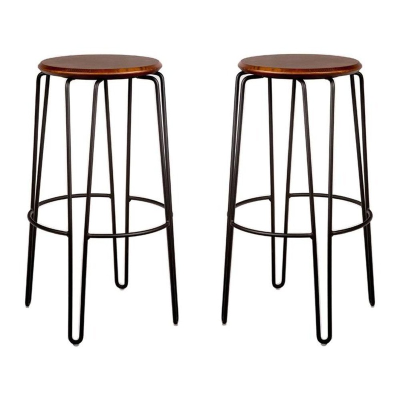 Set of 2 - Storo Bar Stool 75cm - Black Frame - Walnut Timber Seat