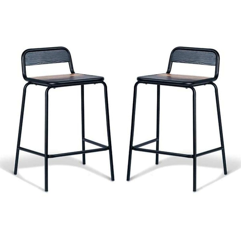 Set of 2 - Sam Aurora Industrial Flat Bar Stool - 65cm - Black Frame - Brown Timber Seat
