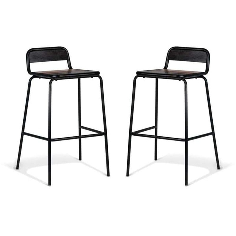 Set of 2 - Sam Aurora Industrial Flat Bar Stool - 75cm - Black Frame - Brown Timber Seat