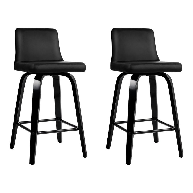 Set of 2 Wooden PU Leather Bar Stool - Black