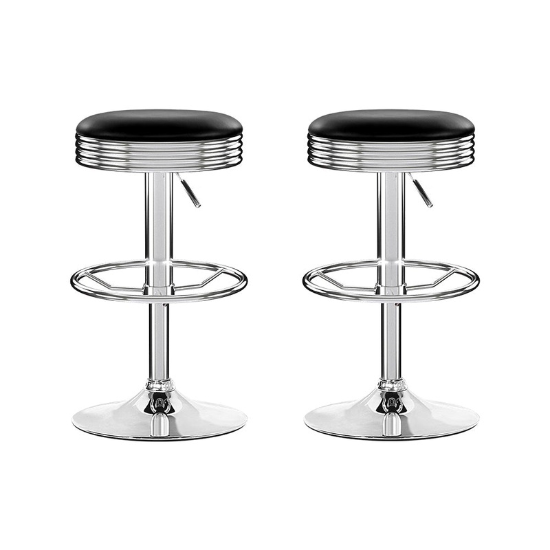 Set of 2 Backless PU Leather Bar Stools - Black and Chrome