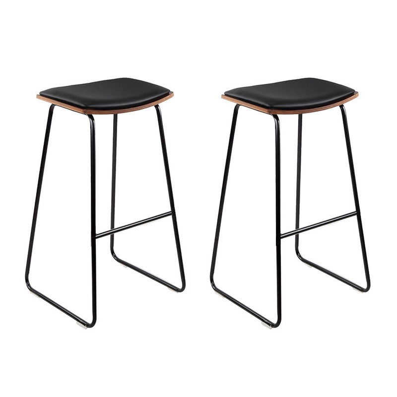 Set of 2 Backless PU Leather Bar Stools - Black and Wood