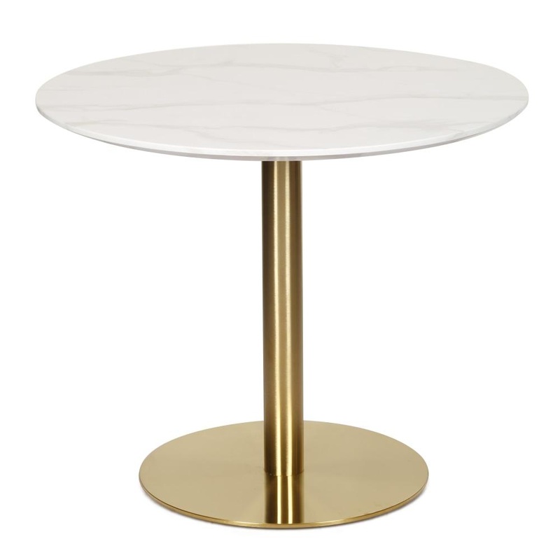 Elskar Round Dining Table With Marble Effect 90cm - Gold Metal Frame - White Agaria