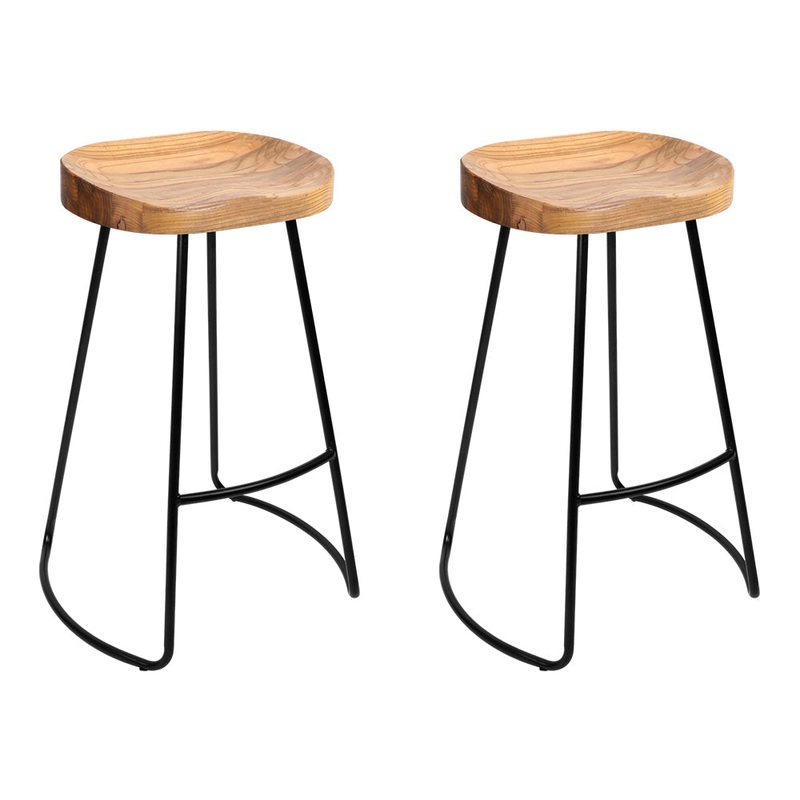 Set of 2 Elm Wood Backless Bar Stools 65cm - Black and Light Natural