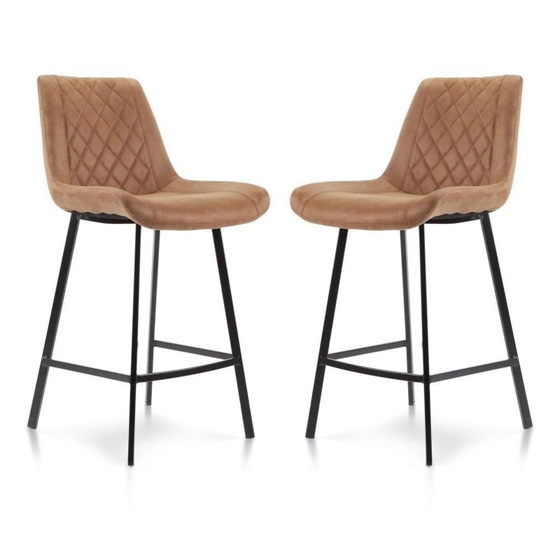 Set of 2 Fin Fabric Suede Kitchen Counter Bar Stool Black Metal Legs 66cm - Cognac