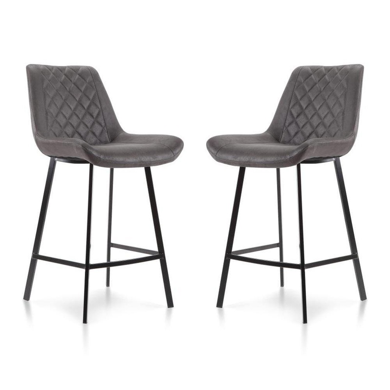 Set of 2 Fin Suede Fabric Kitchen Counter Bar Stool Black Metal Legs 66cm - Charcoal
