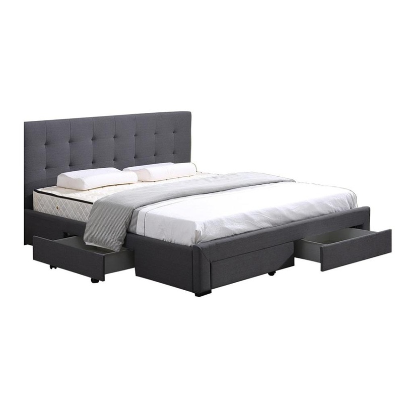 Bed Frame Base With Storage Drawer Mattress Wooden Fabric Double Dark Grey