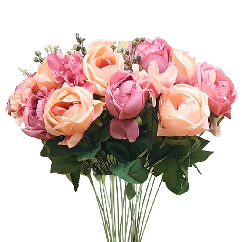 3pcs Artificial Silk with 15 Heads Flower Fake Rose Bouquet Table Decor Pink