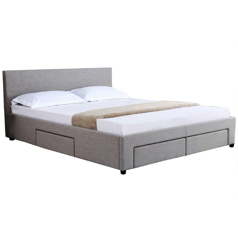 Fabric Double Bed Frame Headboard With Storage Drawers - Grey
