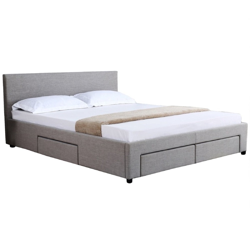 Fabric Queen Bed Frame Headboard With Storage Drawers - Grey