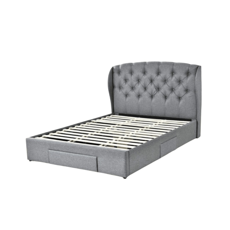 Fabric Queen Tufted Headboard Bed Frame With Drawers Storage - Dark Grey