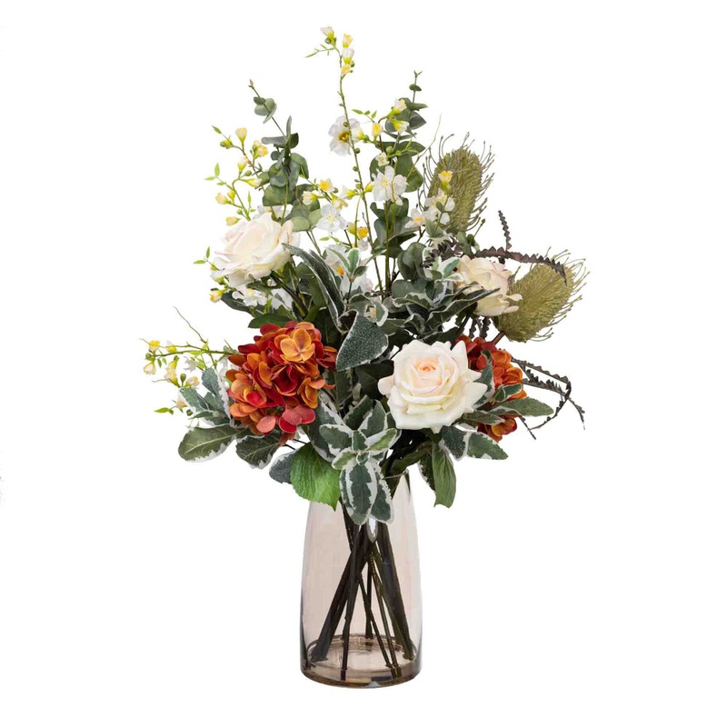 Hydrangea & Banksia Artificial Plant Arrangement 80cm In Glass - Multi Color