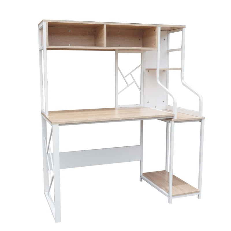 Modern Computer Study Office Desk Table 120cm W/ Hutch  - Oak & White