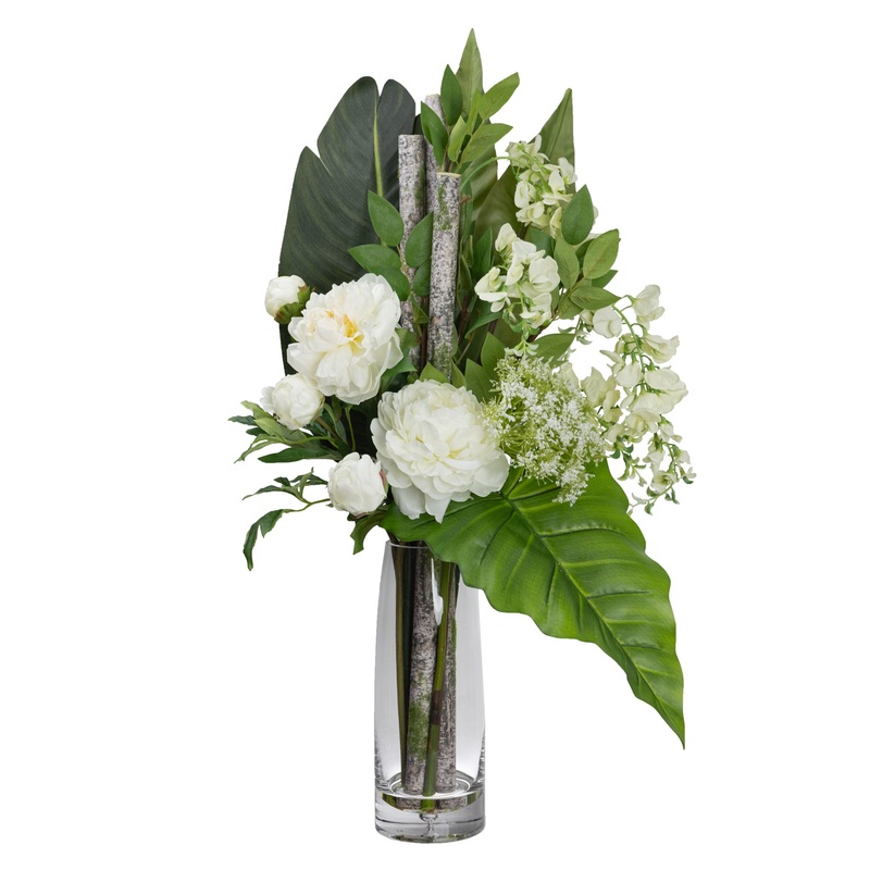 Peony & Wisteria Artificial Plant Decorative Arrangement 80cm In Glass - White