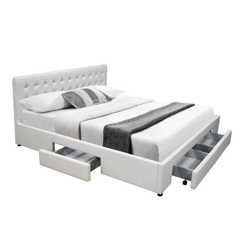 PU Leather Double Bed Frame Headboard With 2-Drawers Storage - White