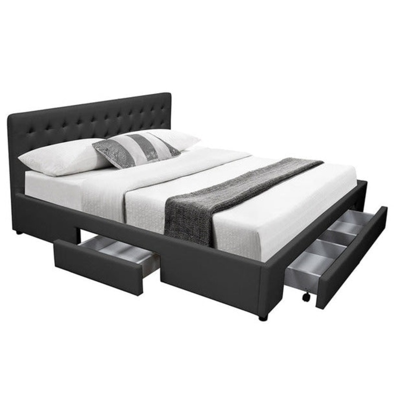 PU Leather Queen Bed Headboard With Drawers Storage - Black