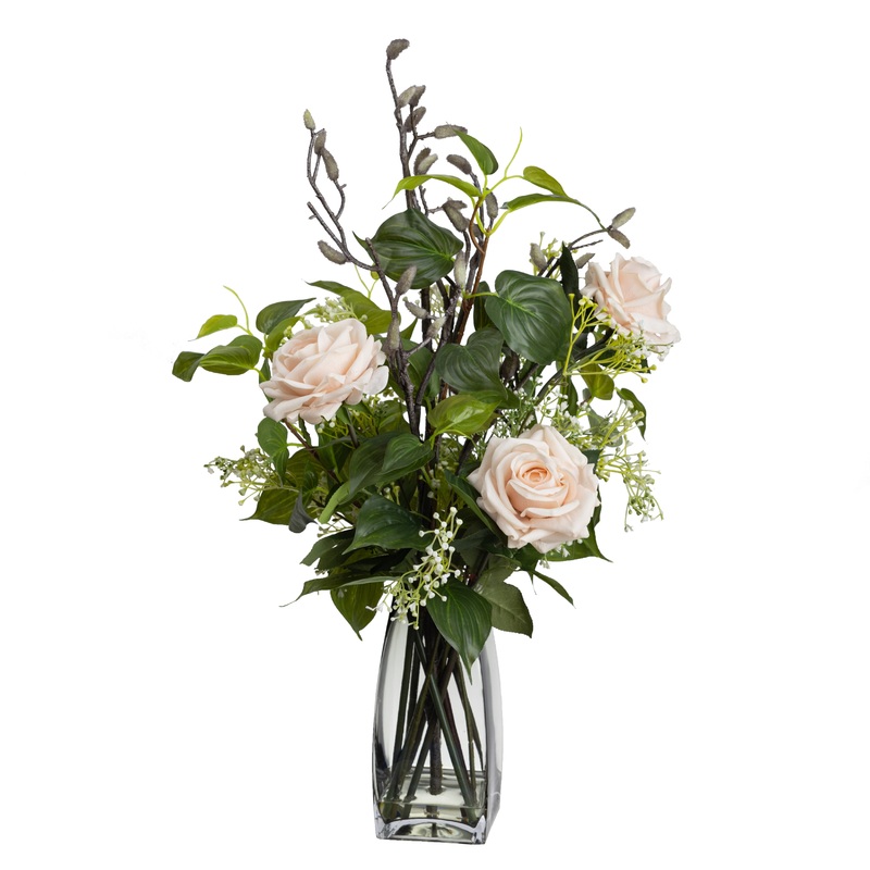 Rose Arrangement Artificial Fake Plant Decorative 70cm In Glass - White