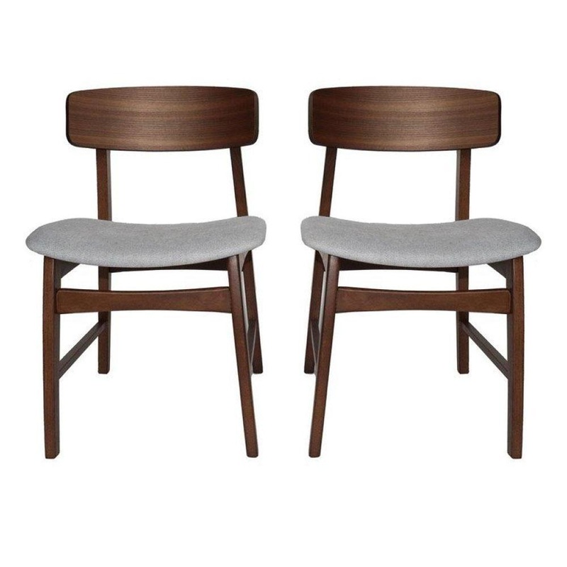 Set of 2 Fabric Dining Chair - Walnut Frame - Grey