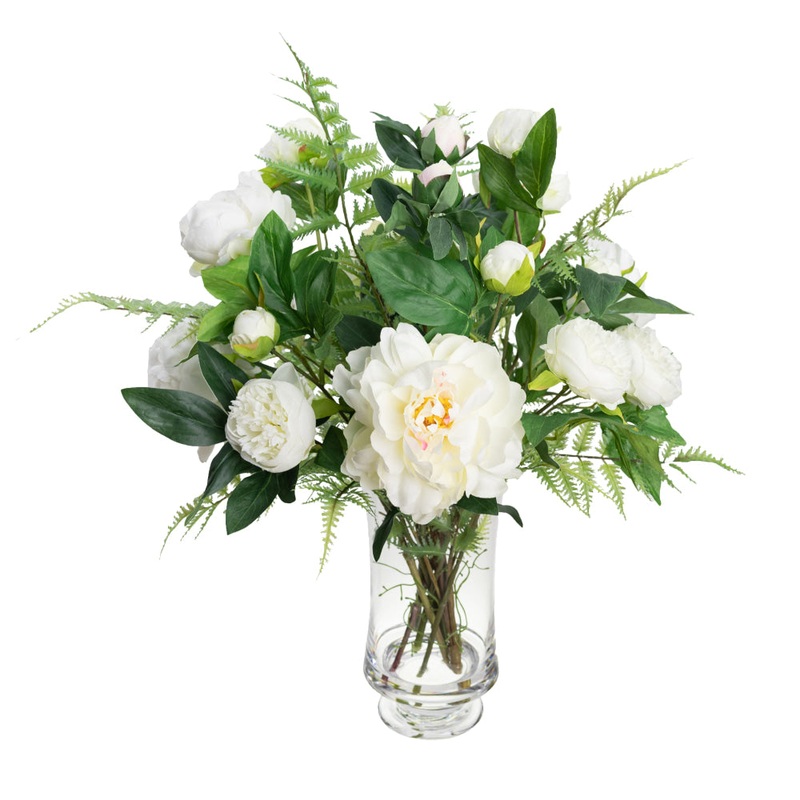 Large Peony Arrangement Artificial Fake Plants Decoration 65cm In Glass White