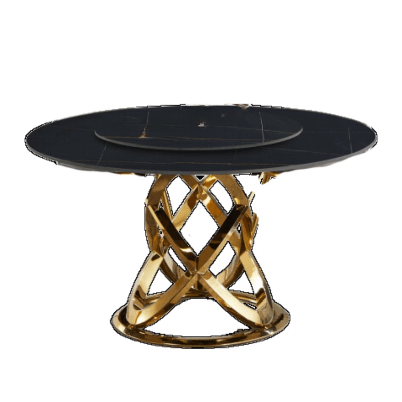 Hayes Luxurious Sintered Stone Round Dining Table 130cm W/ Lazy Susan - Black & Gold