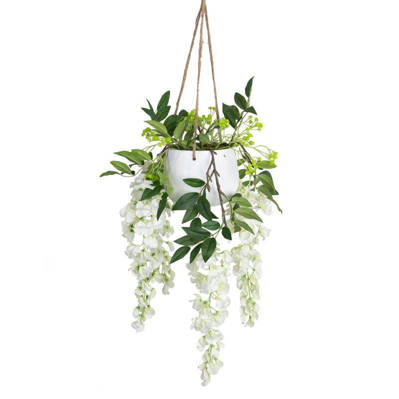 Wisteria 75cm Artificial Fake Plant Decorative Arrangement Cream In Hanging Planter