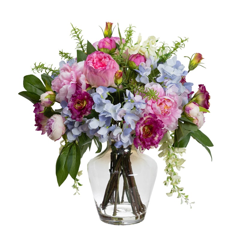 Hydrangea, Peony & Wisteria Mixed  Artificial Fake Plant Decorative Arrangement 56cm In Glass