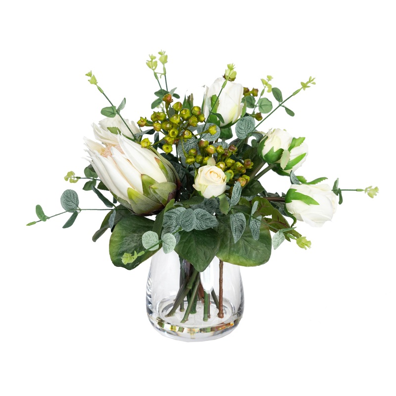 Protea & Rose Mixed  Artificial Fake Plant Decorative Arrangement 40cm In Glass Multicolour