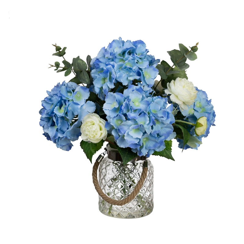 Blue Hydrangea & Peony Mixed Artificial Fake Plant Decorative Arrangement 38cm In Maison Jar
