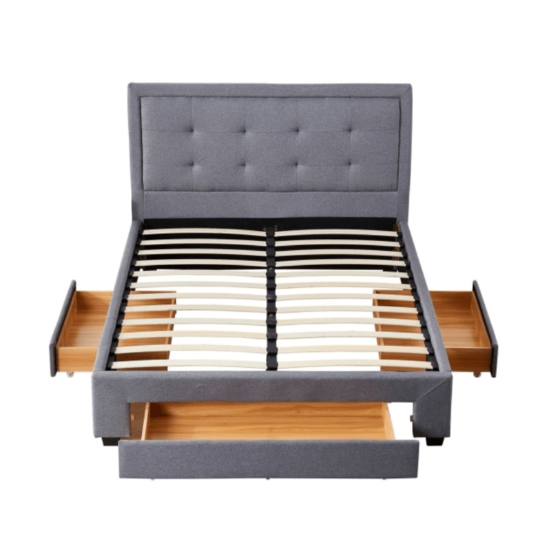 Designer Fabric Modern Bed Frame W/ Headboard & 3-Drawers Queen Size - Dark Grey