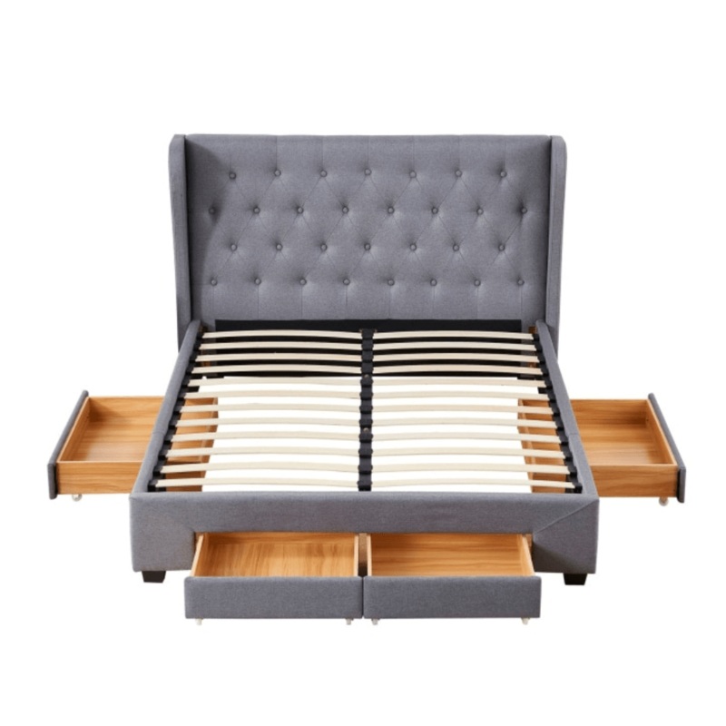 Modern Fabric Bed Frame W/ 4-Drawers Storage Double Size - Dark Grey