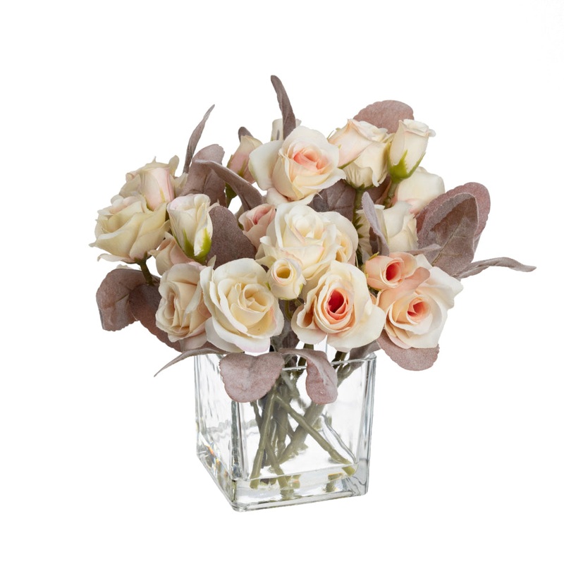 Soft Pink Mini Rose Artificial Fake Plant Decorative Arrangement 20cm In Glass