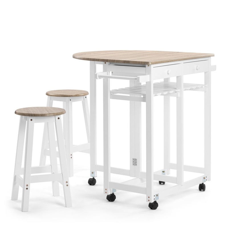 Jac Kitchen Set Folding Trolley Table W/ 2-Drawers & 2x Stools - White/Oak