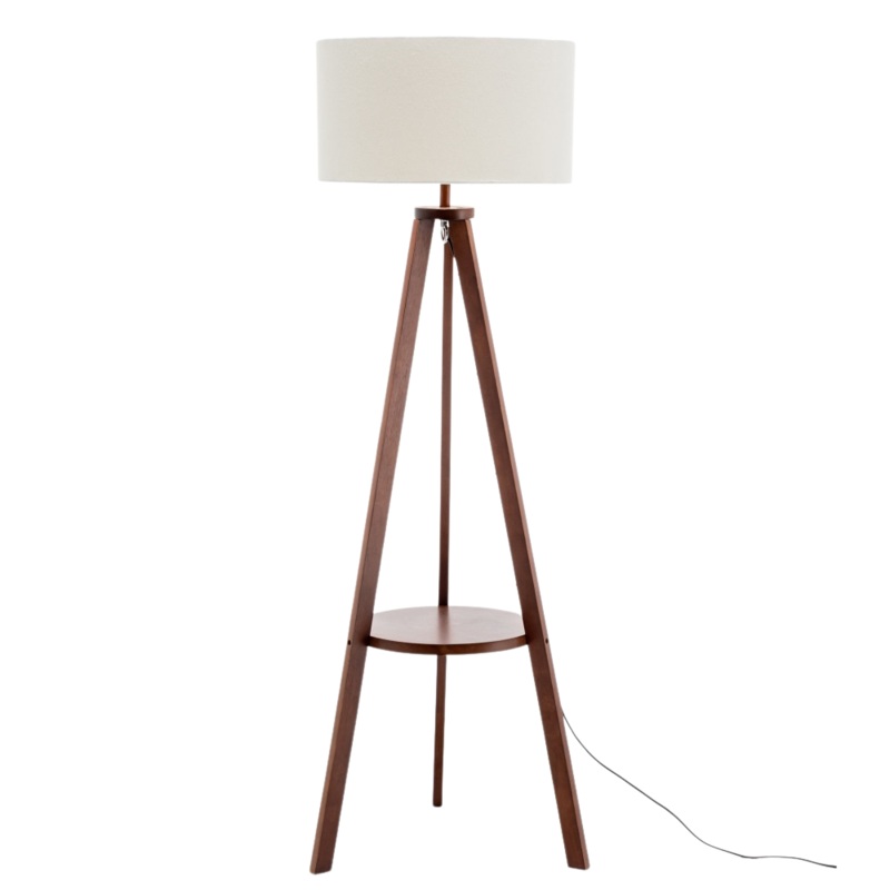 Miya Rubberwood Tripod Floor Lamp W/ Round Shelf Linen Shade - Off White/Cherry