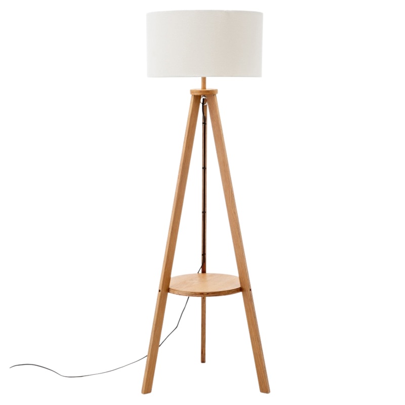 Miya Rubberwood Tripod Floor Lamp W/ Round Shelf Linen Shade - Off White/Natural
