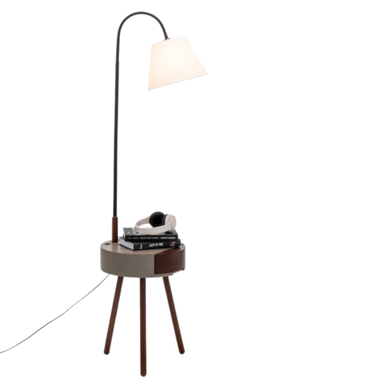 Zoltan Rubberwood Floor Lamp On Side Table Linen Shade W/ USB Port Charging - Off White/Grey